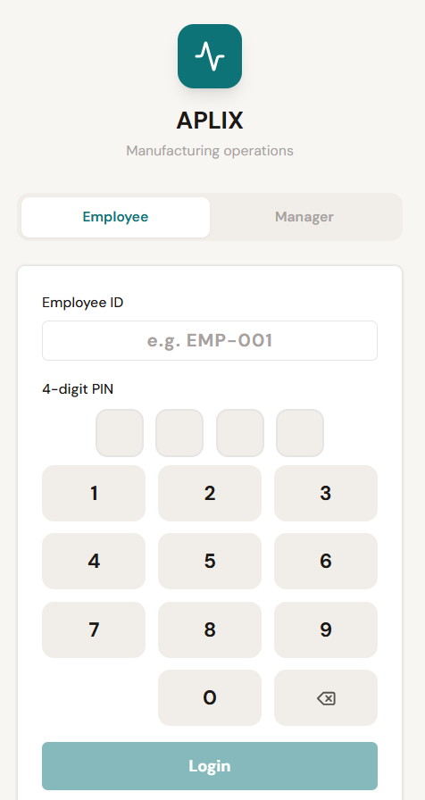 Aplix worker mobile app: employee PIN login screen for the shop floor